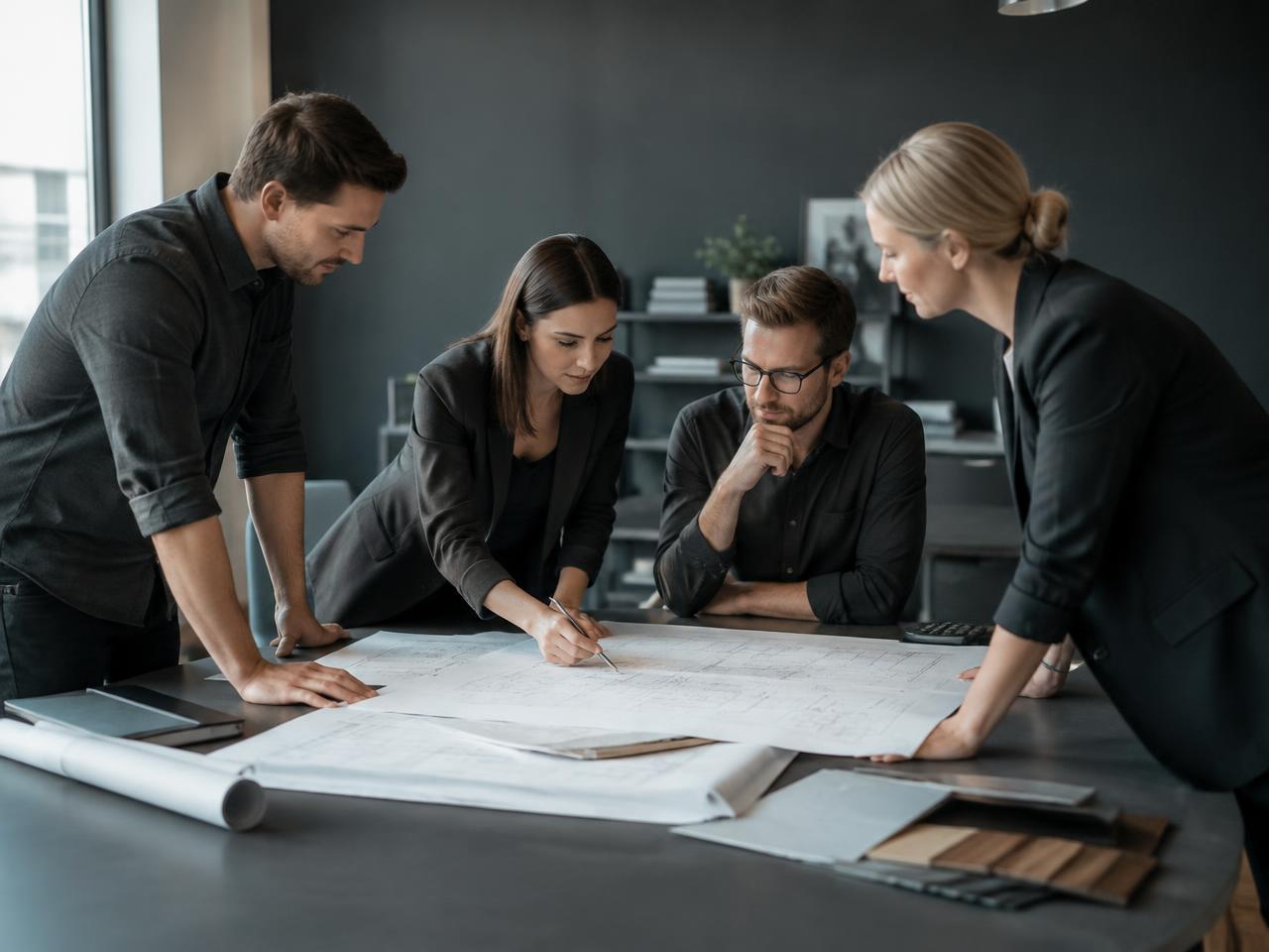Quantity surveyors reviewing plans and cost documents